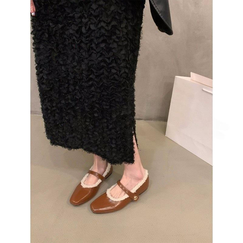 Flache Herbst- und Winter-Plüsch-Baumwollschuhe Einzelne Schuhe 2025 Quadratische Spitze Schwarze Mary Janes Abendschuhe
