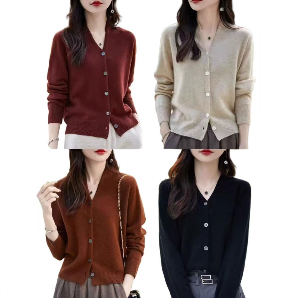 Maillard color simple commuter knitted cardigan women's 1011 spring and autumn new solid color V-neck sweater top to wear