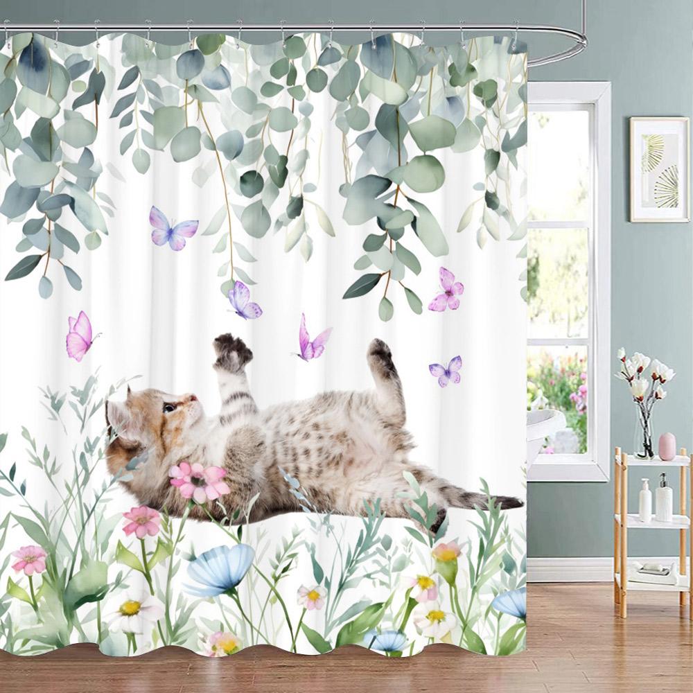Funny Animal Shower Curtain Cute Cat in Flower with Butterfly Fluttering Polyester Fabric Washable Shower Curtain Bathroom Decor