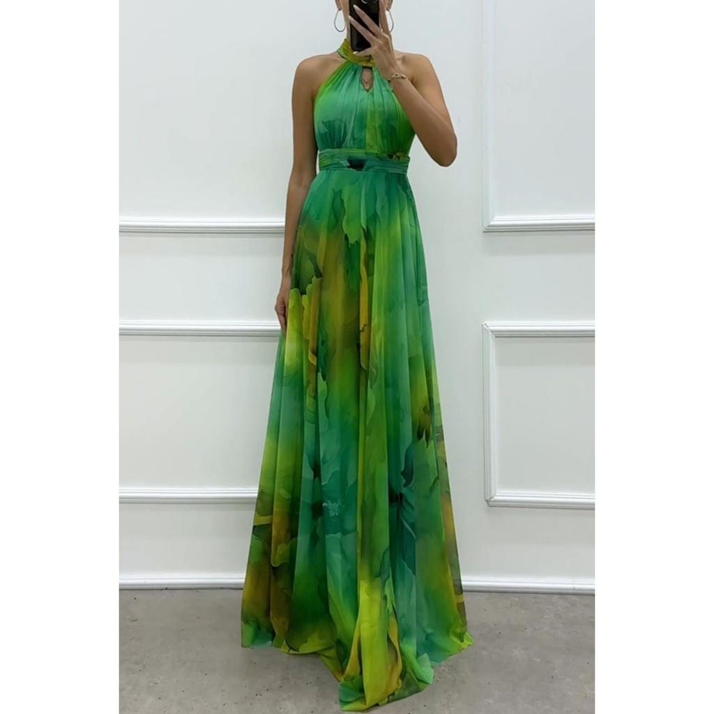 Women Halter Neck Sleeveless Printed Tie Waist Flowy Hem Dress, Casual Fashion Summer Dress for European American Women