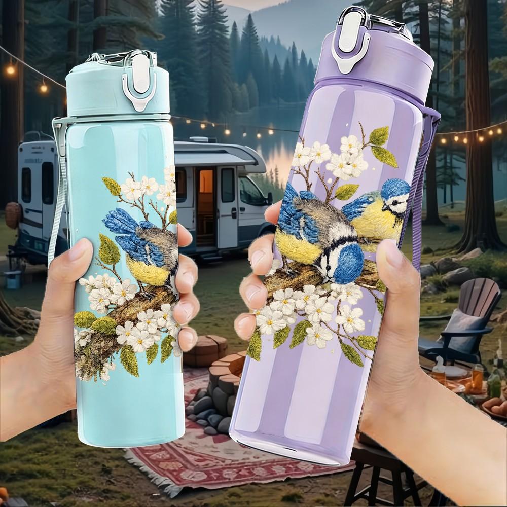 1PC Bird Nest With Spring Flower Print 750ml Color Plastic Sports Water Bottle Leakproof Flip Straw Lid Suitable for Sports Office Home Use