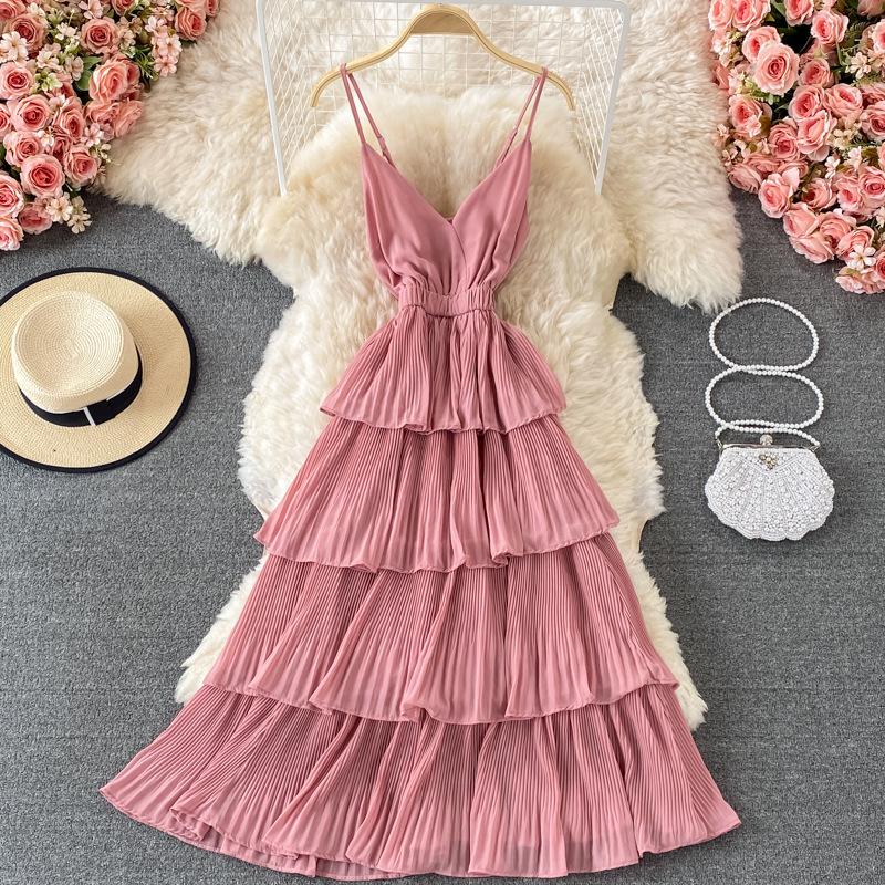 Léto Ženy Přehozené Volánky Špagetové Pásky Šaty Dovolená Plážové Vestido Dámské Elegantní Úzký midi župan s vysokým pasem