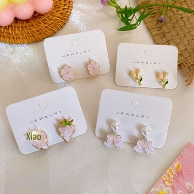 Strawberry Pink Crystal Flower Earrings for Women - 925 Silver Needle, High-End, Small Fresh Design