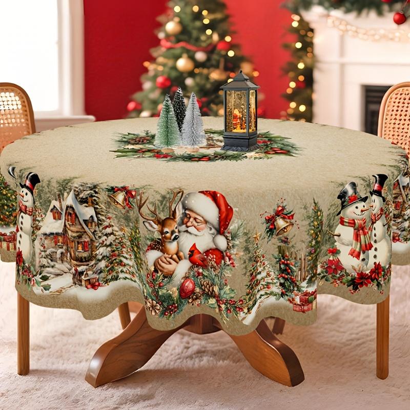 Vintage Winter Wonderland Christmas Tablecloth with Santa Reindeer & Snowman Patterns - Rectangular Table Cover