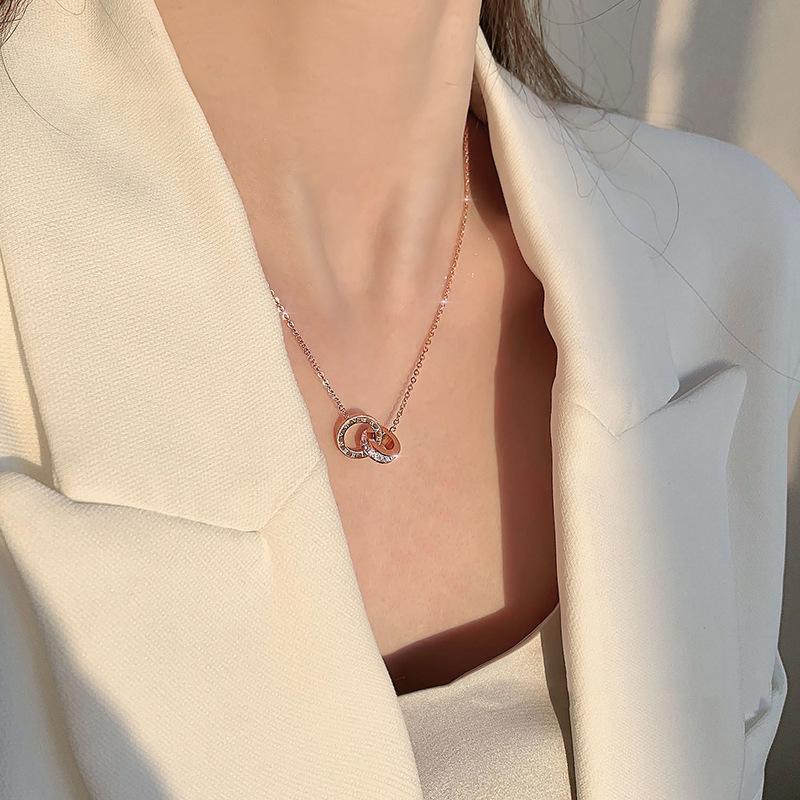 Titanium Steel Roman Numerals Double Ring Necklace Women'S Light Luxury Design Sense Collarbone Chain Neck Chain Accessories Do Not Fade