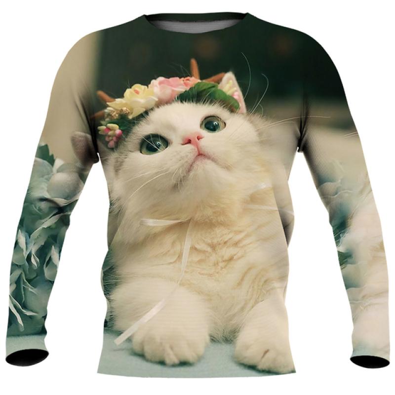 Cute Cat Print Imitation Cotton Long Sleeve Men's T-shirts Spring O-Neck Casual Loose Tee Streetwear Unisex Clothing EU Size 5XL