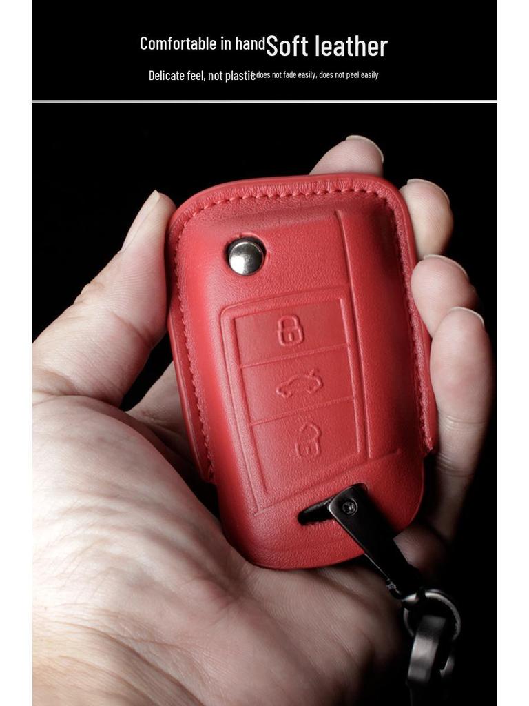 Genuine Leather Key Case for Volkswagen Sagitar, Lavida, Tiguan L, Lamando, Bora - 3D Full Wrap & One-Button Start.