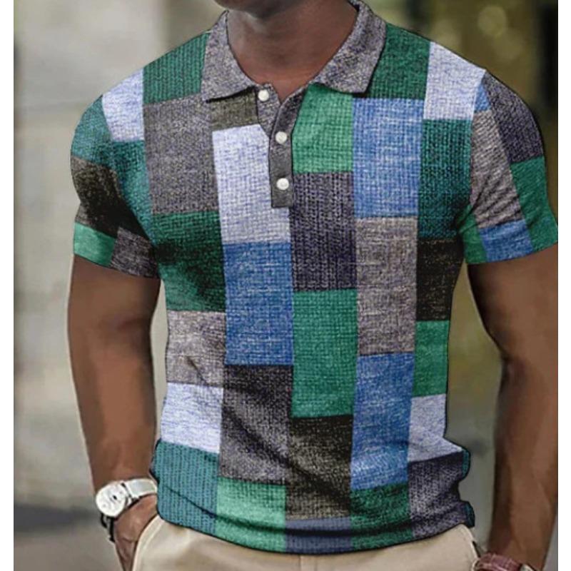 Independent Station Summer Men's Polo Shirt Button Plaid Pattern Printing Geometric Pattern D Digital Printing Trend