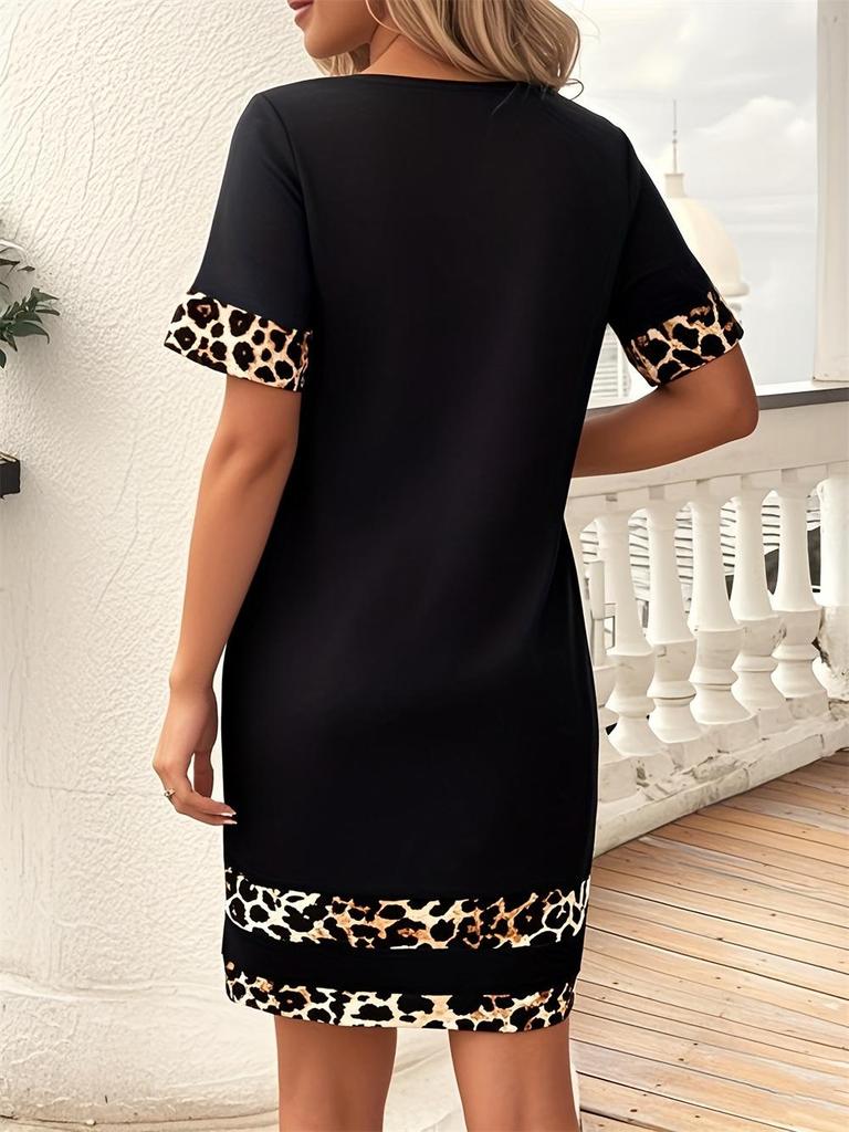 Leopard Print Patchwork Round Neck T-shirt Dress for Women, Summer 2025