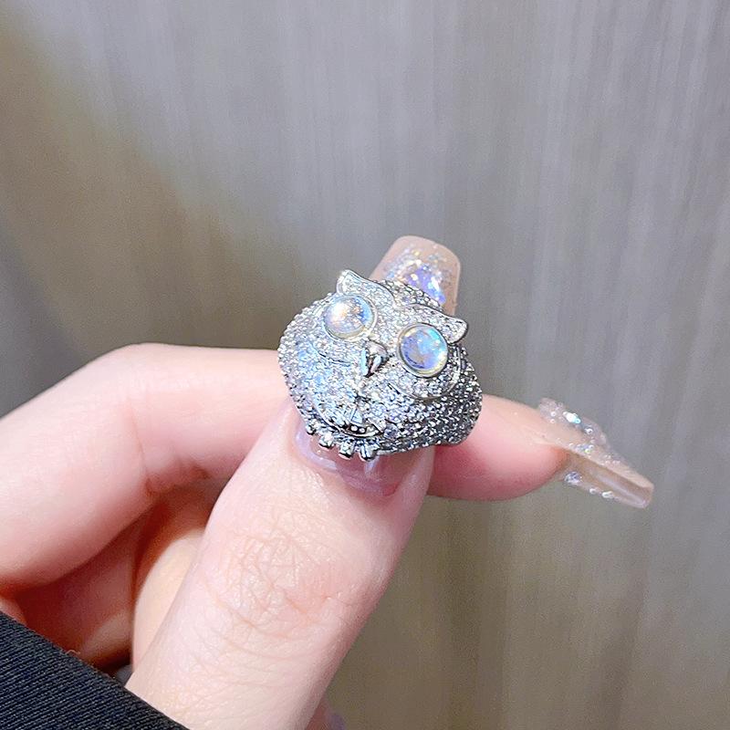 

Moonstone Owl Open Ring Niche Design Full Of Diamonds Zircon Personalized Light Luxury High-End Jewelry Ring