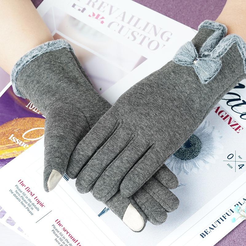 Warm gloves autumn and winter women's bow thickened fleece cold-proof outdoor riding non-inverted fleece touch screen gloves