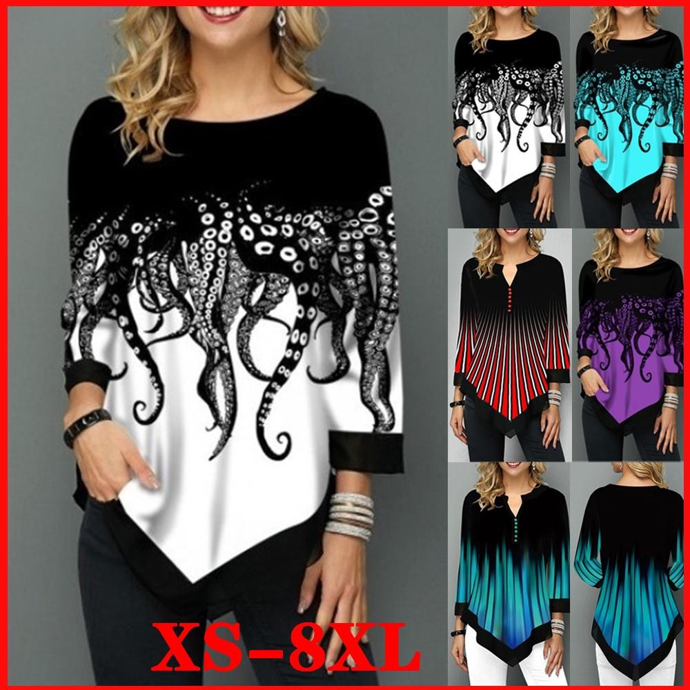 Ny Dame Uregelmessig Kant Trykket Casual Rund Hals 3/4 Ermer Pluss Størrelse T-skjorte Høst Løs Pullover Bluse