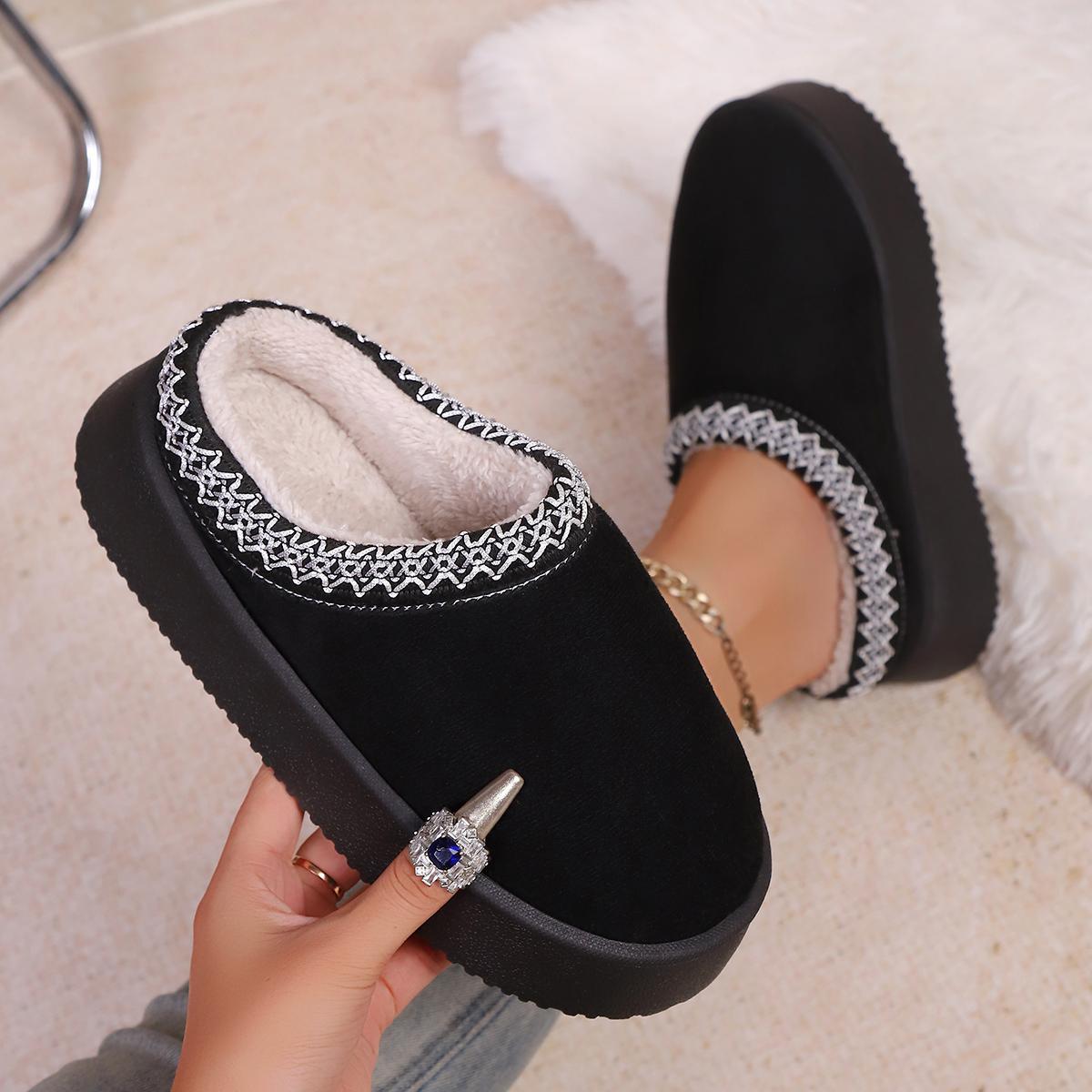 

2025 Новые женские меховые тапочки Дизайнерские зимние сапоги для снега Толстоподошвенные туфли для платья Тренд Удобные женские хлопковые туфли Шлепанцы женские 42-43 чёрный