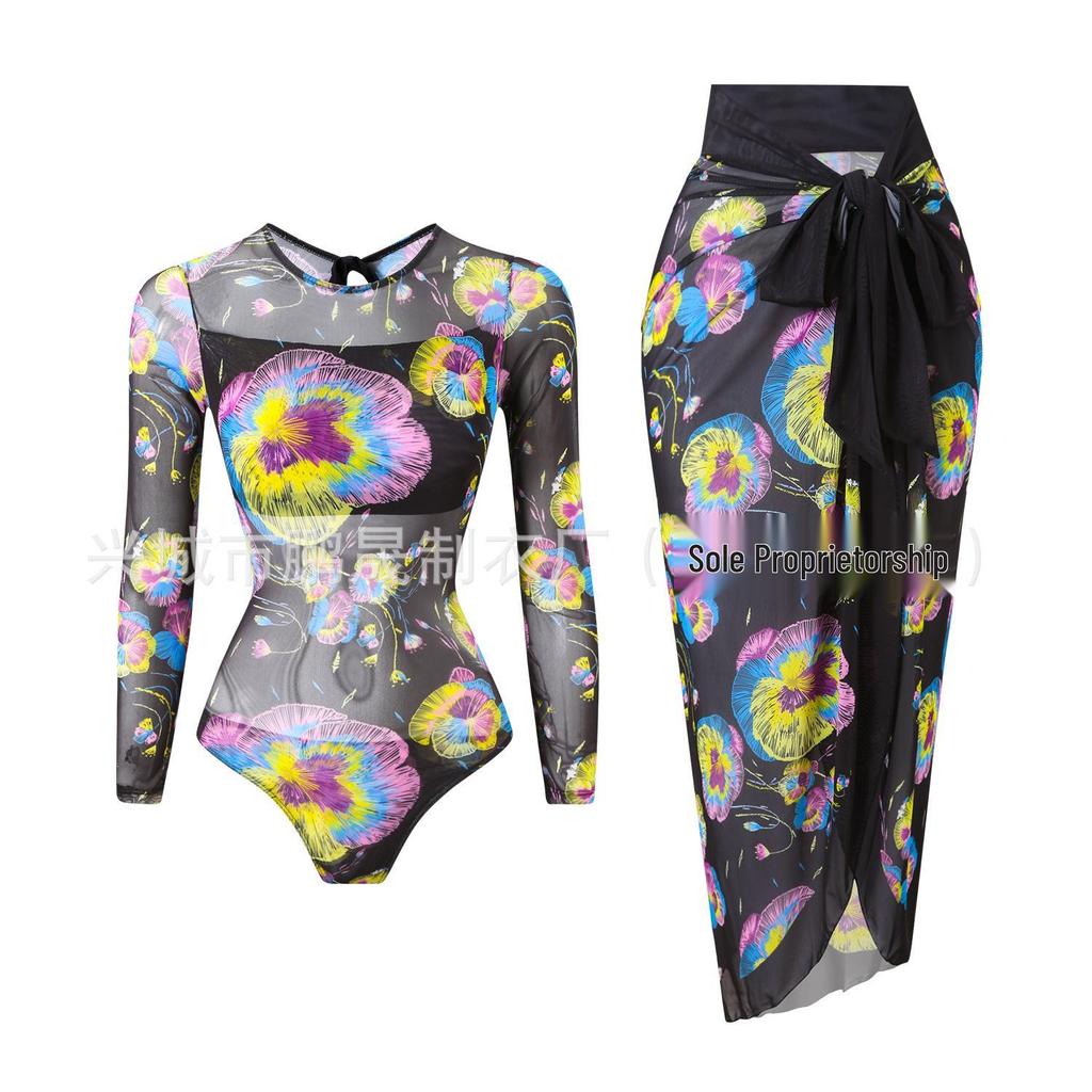 Women's Long Sleeve Mesh Sun Protection One-Piece Swimsuit with Skirt