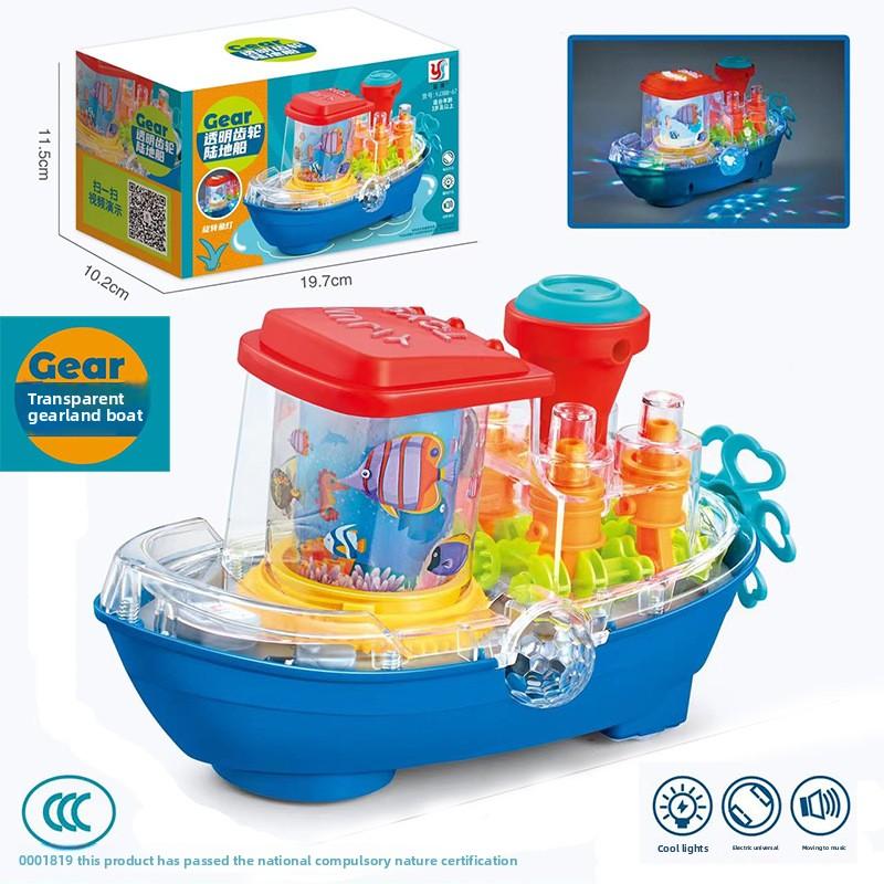 

Прозрачный корпус, механическая передача, электрическая игрушка-амфибия со светом, музыкой и универсальными колесами