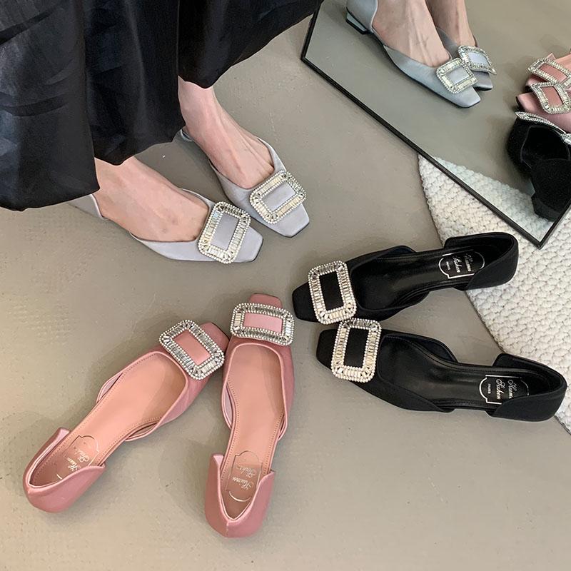 Fashion Pink Female Slip On Footwear Silk Women Low Heel Shoes Luxury Fashion Rhinestones Wedding Party Ladies Heeled Pumps Shoes