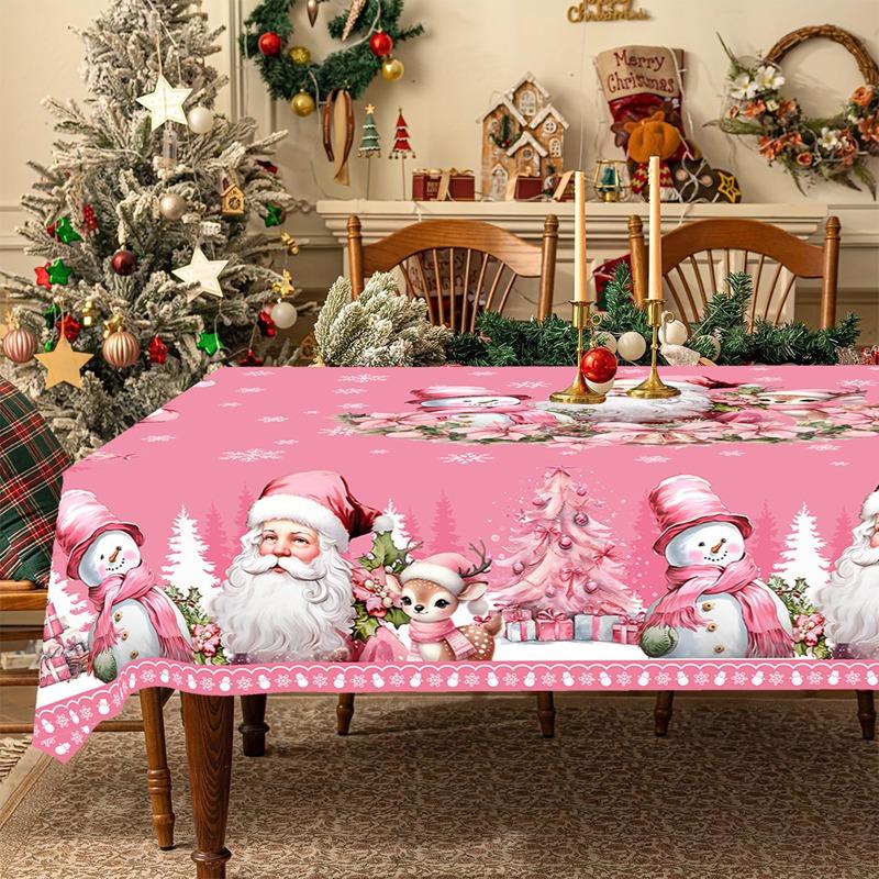 Pink Christmas Tablecloth Vintage Santa Claus Snowman Table Cover Christmas Decorations for Home 2026 Gifts Navidad New Year
