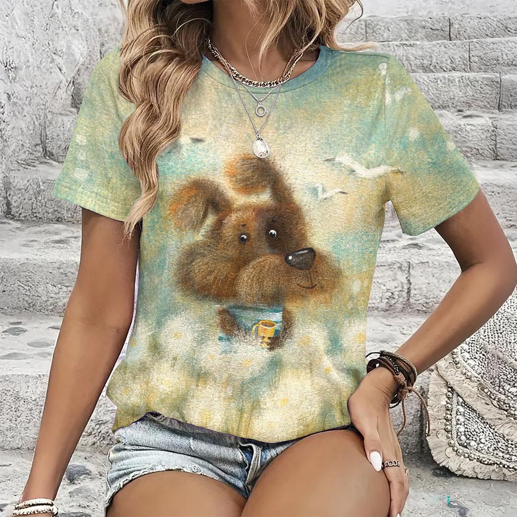 Summer Round Neck Cartoon Animal Pattern 3D Print Top Fashionable Casual Short Sleeved Women's T-shirts