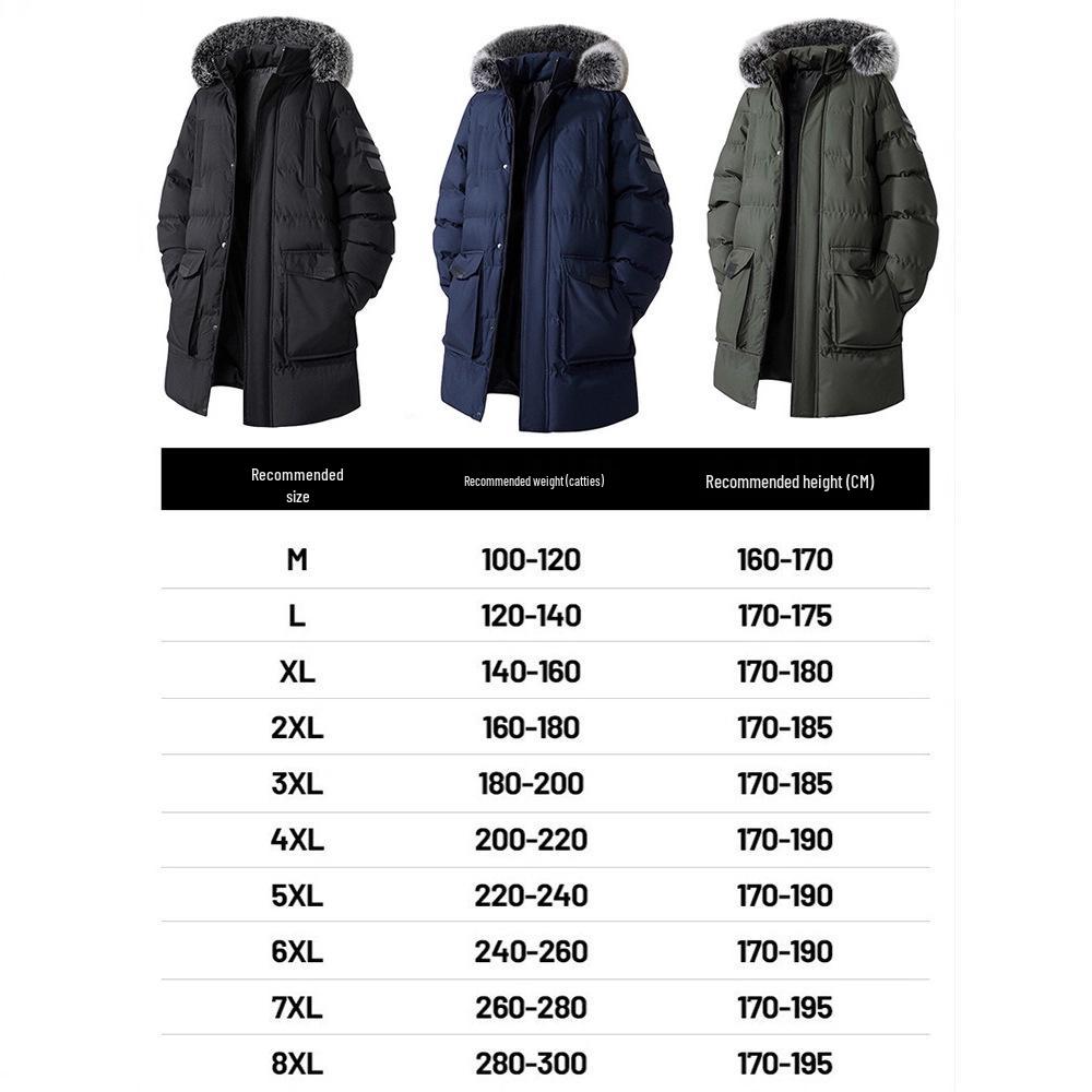 Men's Plus Size Mid-Length Winter Jacket with Detachable Hood and Fur Collar