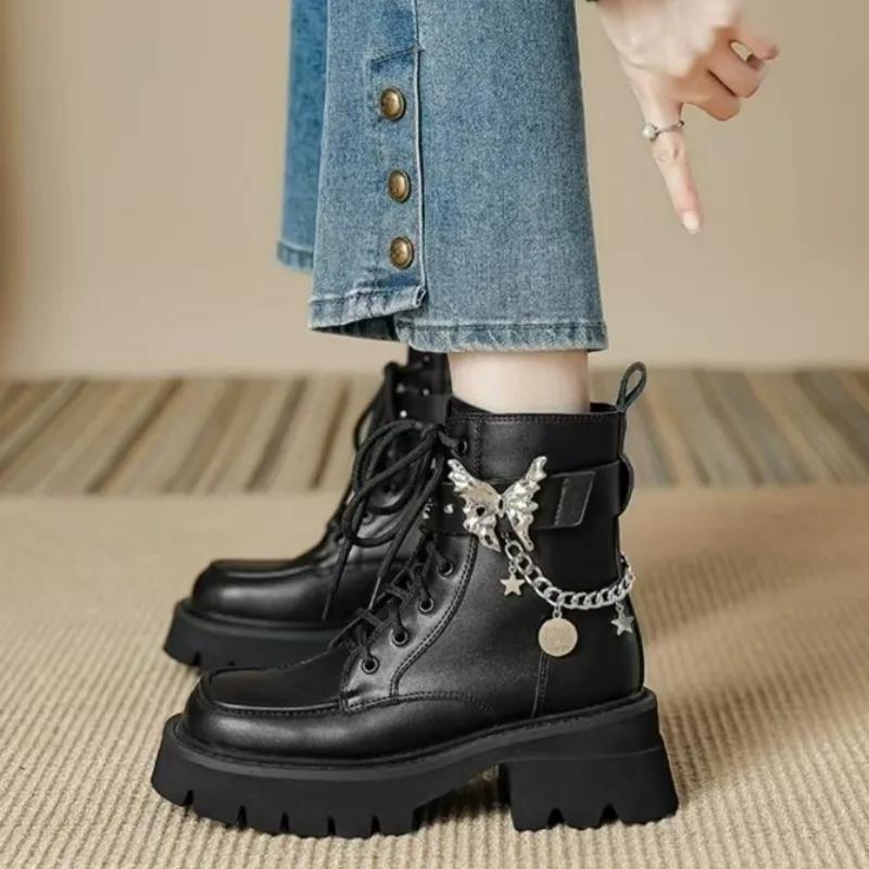 Women Metal Platform Middle Tube New Dark Punk Increased Lace-up Female Lace Up Girl Motorcycle Boots