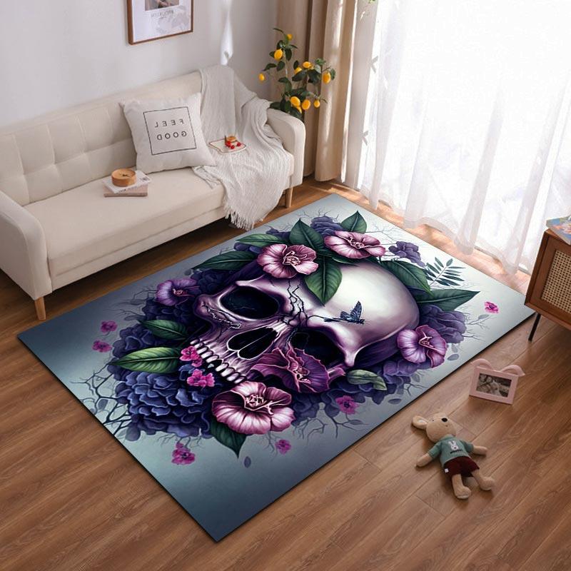 

Skull Pattern Rug with Purple Flowers, Butterfly, and Green Leaves Design Suitable for use as an anti-slip for living room bedroom sofas 40x60cm( 15x23in )