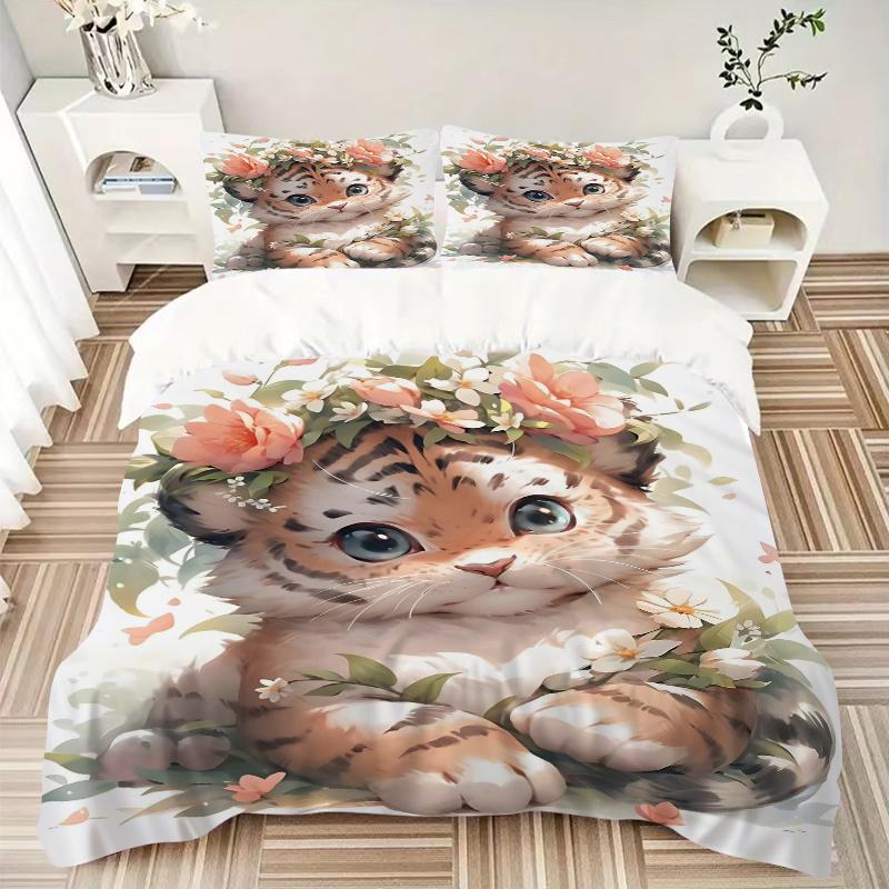 3pcs Adorable Tiger Printed Bedding Set, Soft and Comfortable Quilt Cover for Bedroom, Guest Room (1 Duvet Cover + 2 Pillowcases, Pillow Core Not