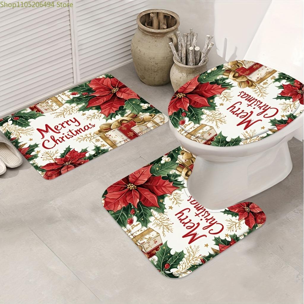 1/4pcs Merry Christmas Winter Shower Curtain Set, Ball Poinsettia Gift Box Bow Vintage Red Green Shower Curtain for Christmas