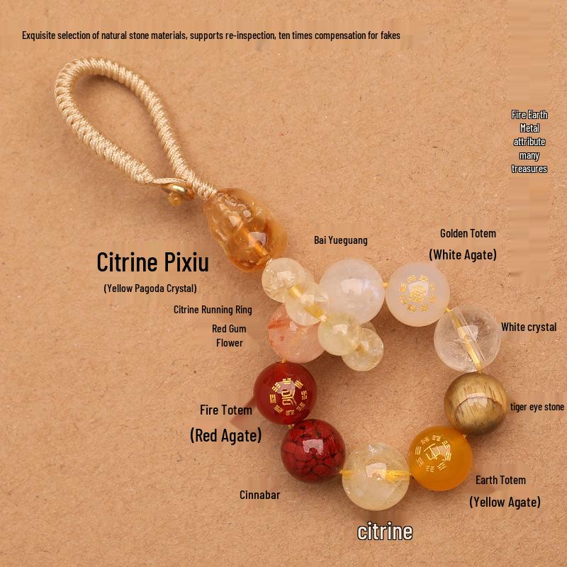 Zhenqiao Five Elements Pixiu Keychain: Wood, Fire, Earth, Metal, Water Crystal Pendant.