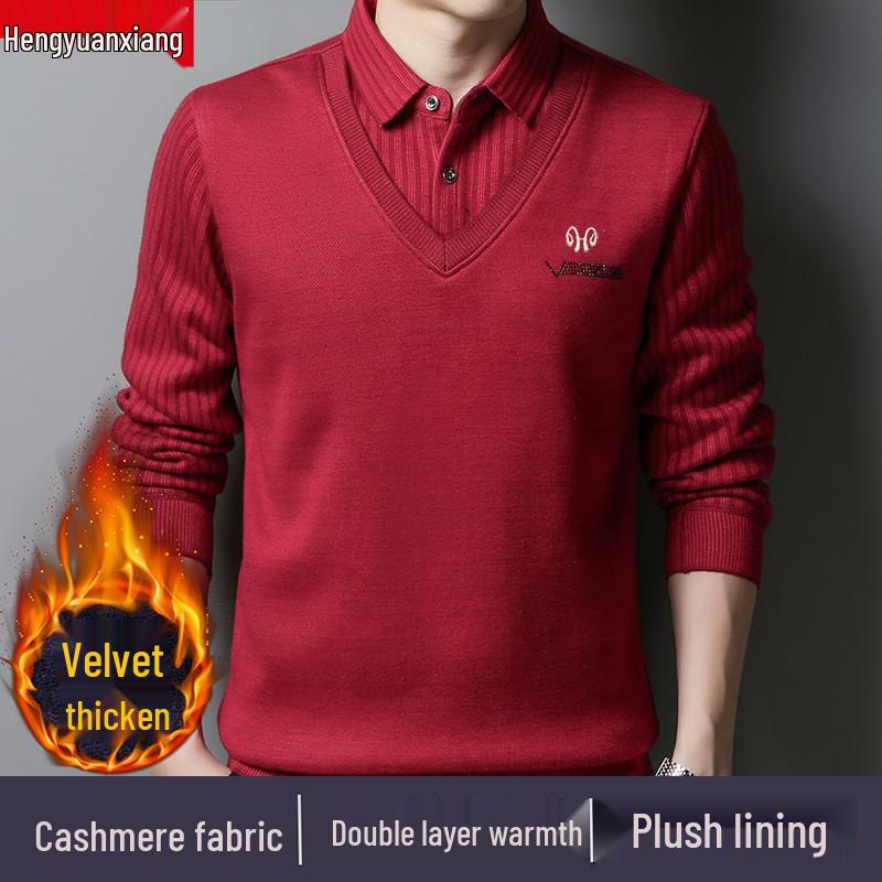 Hengyuanxiang Men's Pure Cashmere Two-Piece Look Thickened Winter Sweater