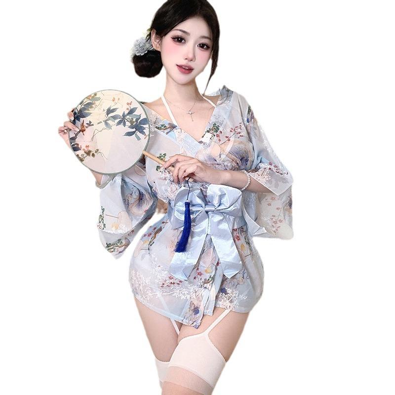 Sexy Underwear Japanese Embroidered Kimono Set Bow Belt Sexy Temptation Flirting Hot Uniform