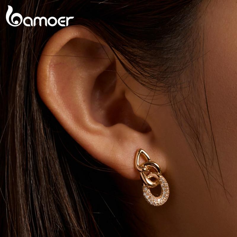BAMOER 925 Sterling Silver New Trendy Earrings Plated Gold Personality Chain-Shaped Drop Earrings Women Statement Jewelry Gift