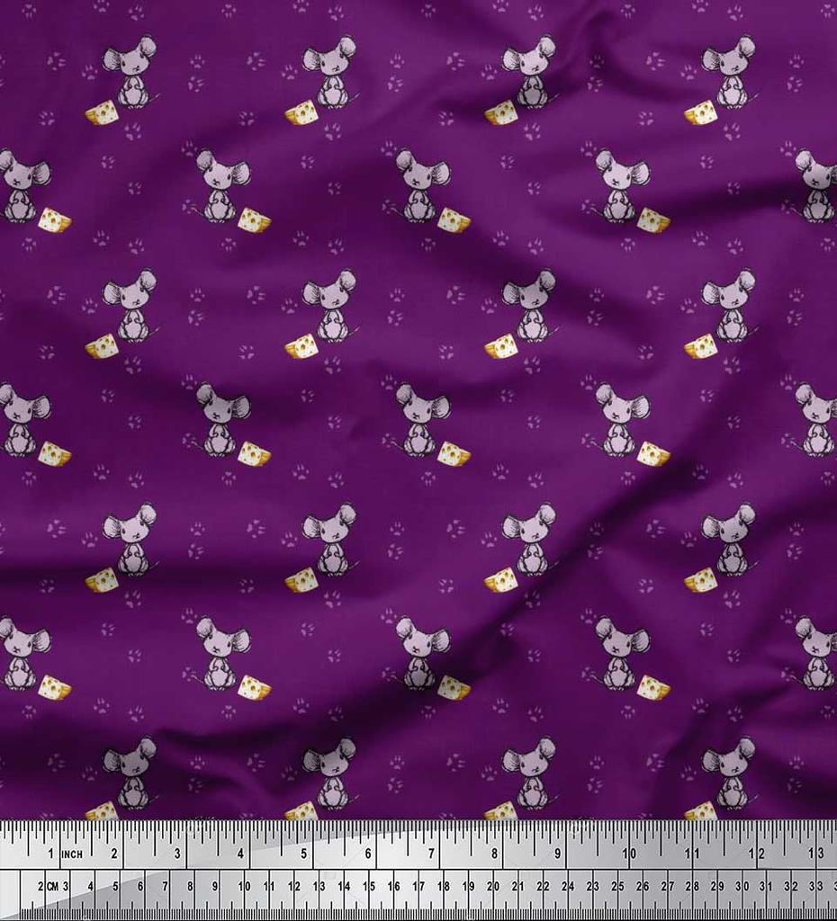 Soimoi Japan Crepe Satin Fabric Footprint,Cheese & Rat Kids Print Fabric by Metre 42 Inch