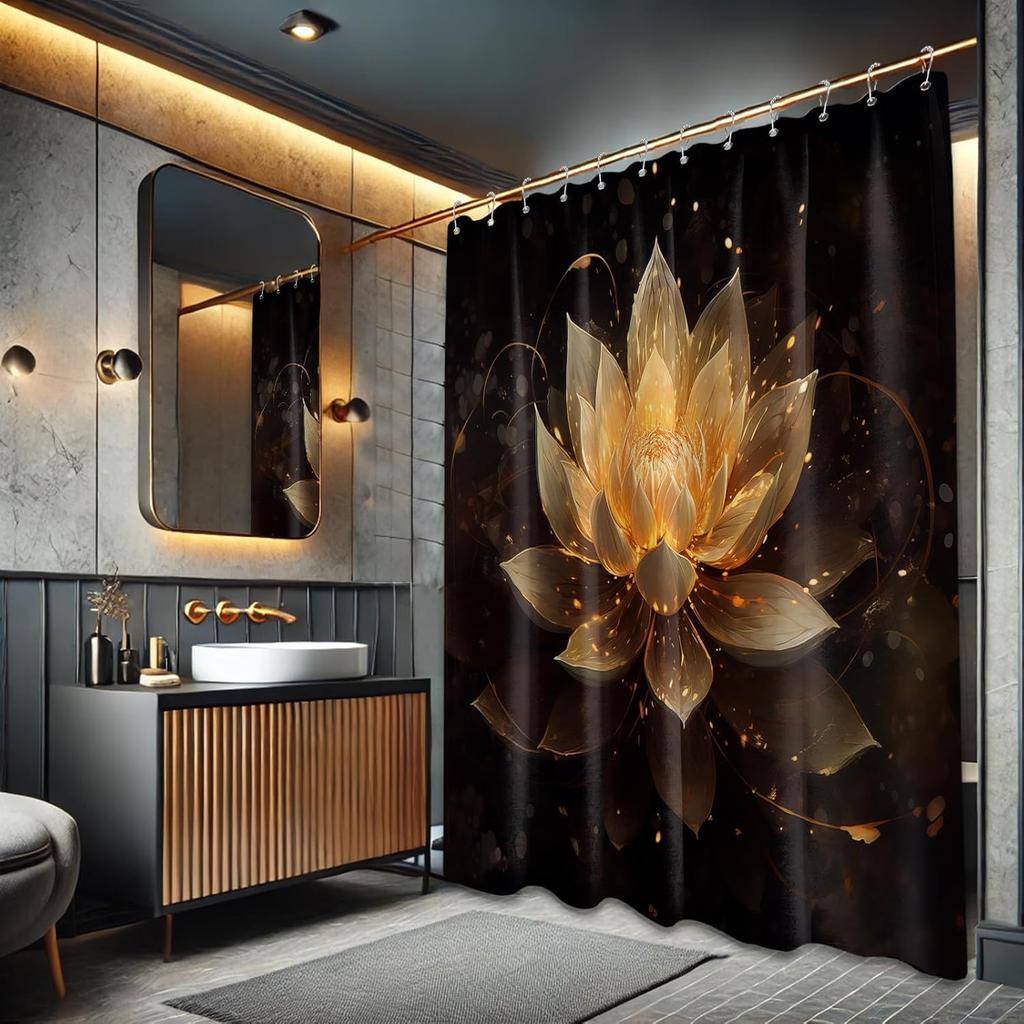 Black And Gold Shower Curtain Lotus Flower For Bathroom Decor Decorative Yellow Golden Floral Bath Curtain Set With Hooks
