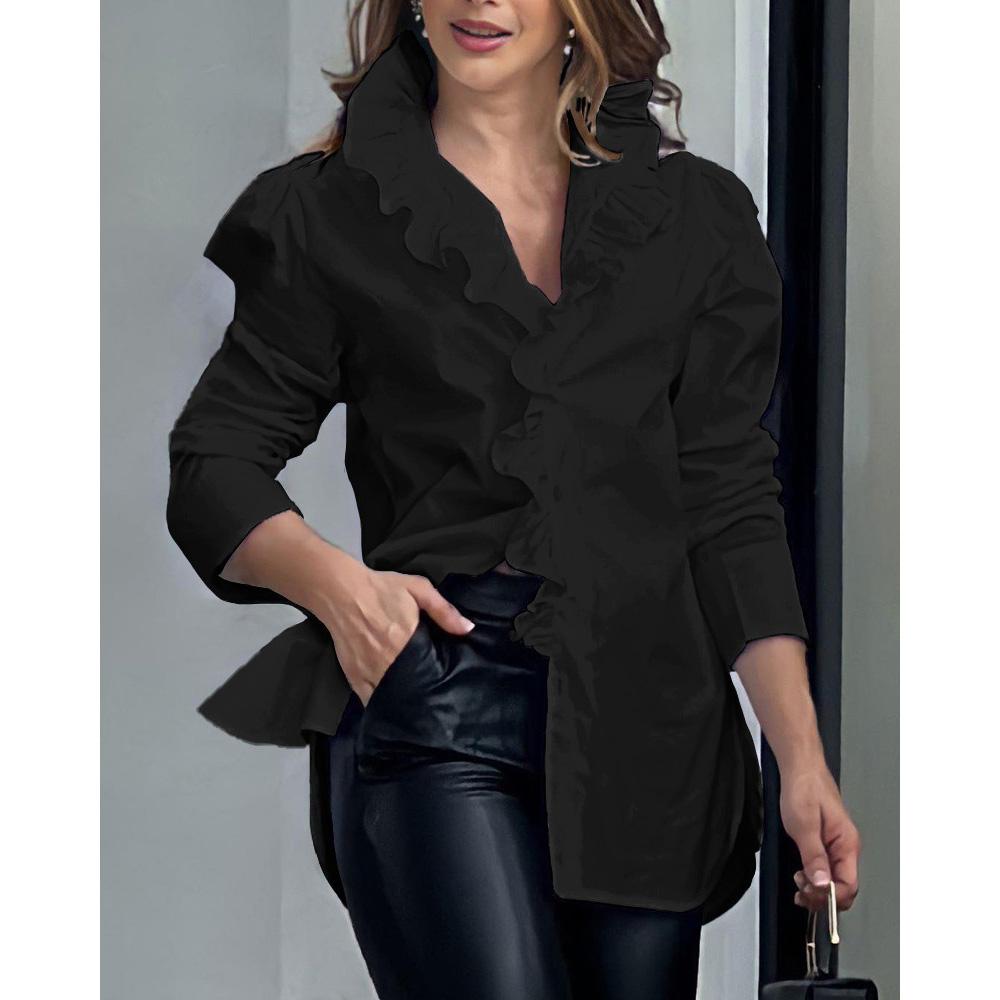 Elegant Women Long Sleeve Blouse V Neck Ruffle Design Print Shirts For Women Fashion Spring Autumn Pullover Tops