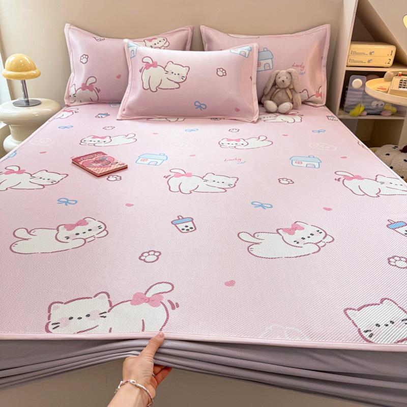 New Cute 3-Piece Ice Vine Cooling Mat Pillowcase & Bed Sheet Set with Digital Print - Spring/Summer
