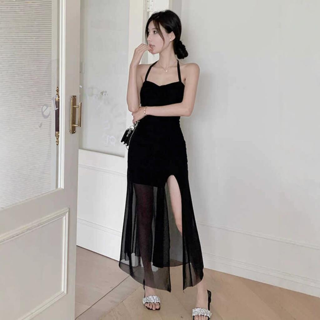 Pure Desire Wind Neck Suspender Dress Women's Summer New Spice Girl Slim Waist Sexy Split Mesh Dress Women