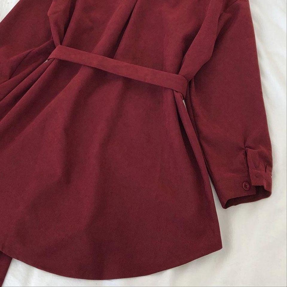 Women's Corduroy Belted Single-Breasted Shirt Dress - Chic Korean Style, Loose Mid-Length for Spring/Autumn 2025