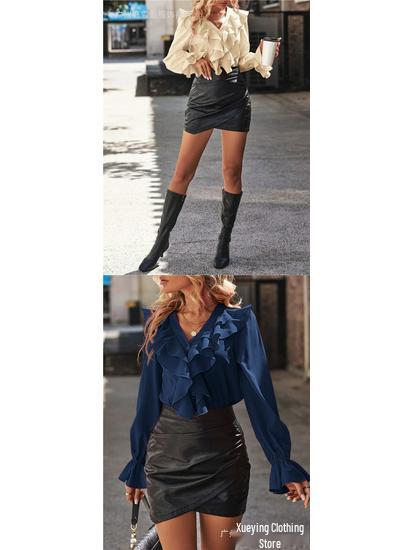 Elegant Women's V-Neck Ruffle Blouse - Autumn Collection
