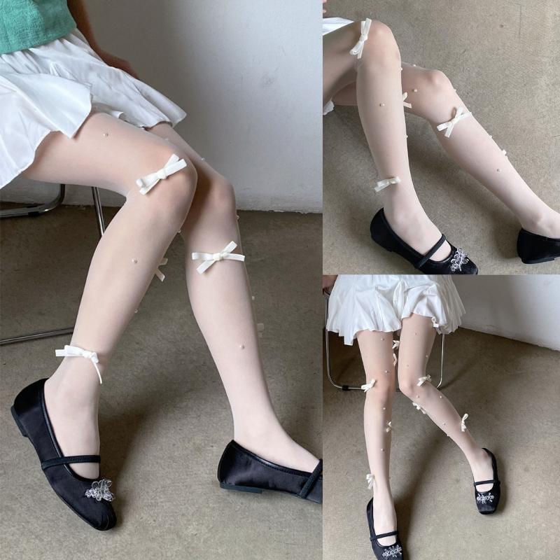 Women Sweet Sheer Pantyhose Stockings Cute Mini Bowknot Pearls Beaded Thin Nylon Tights Soft Breathable Leggings