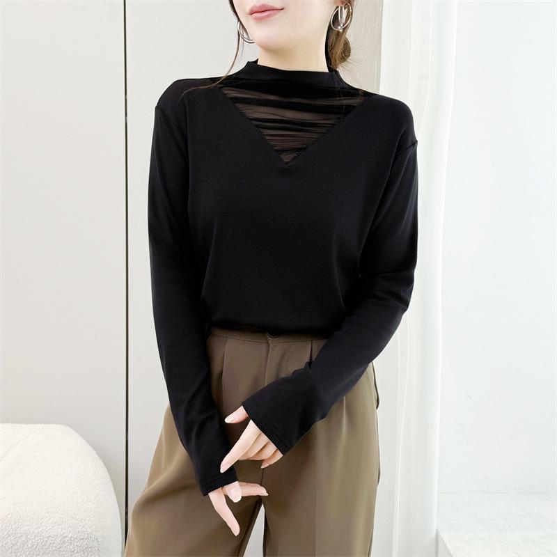 

2025 Women s Plus Size Slimming Brushed Base Layer Top with Mesh Stand-Up Collar 3XL