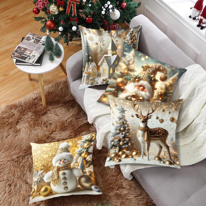1pc Golden Christmas Cushion Cover Snowman Deer Dwarf Durable Cover 2025 New for Home Ornament Xmas New Year Christmas Decor