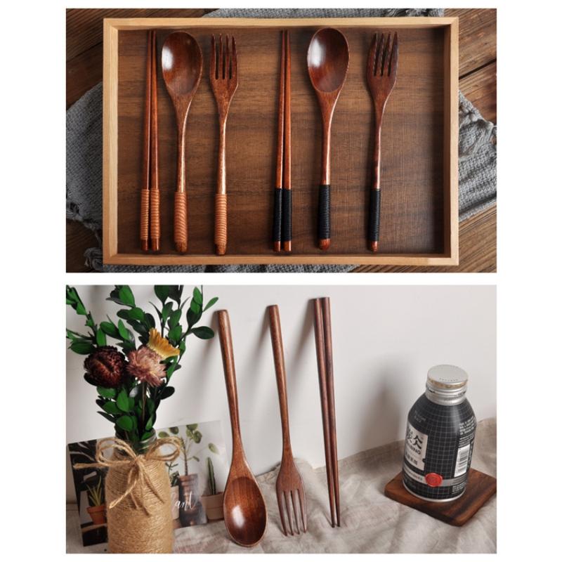 3Pcs Wooden Spoon Fork Dinnerware Set Long Wood Spoon and Fork Set Dessert Soup Spoon Dining Fork Chopsticks Cutlery Tableware