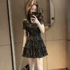 Fashion French Elegant Style Fungus Edge Lace-up Floral Dress, High-end Women's Summer Chic Waist A-word Short Skirt