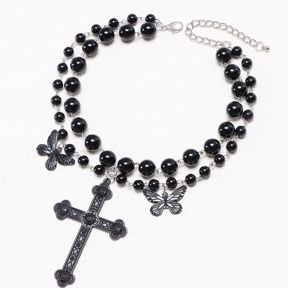 Trendige Goth Punk Großes Kreuz Schmetterling Anhänger Halskette Elegante Charmante Frau Mehrschichtige Perlen Choker Y2K Hals Schmuck black