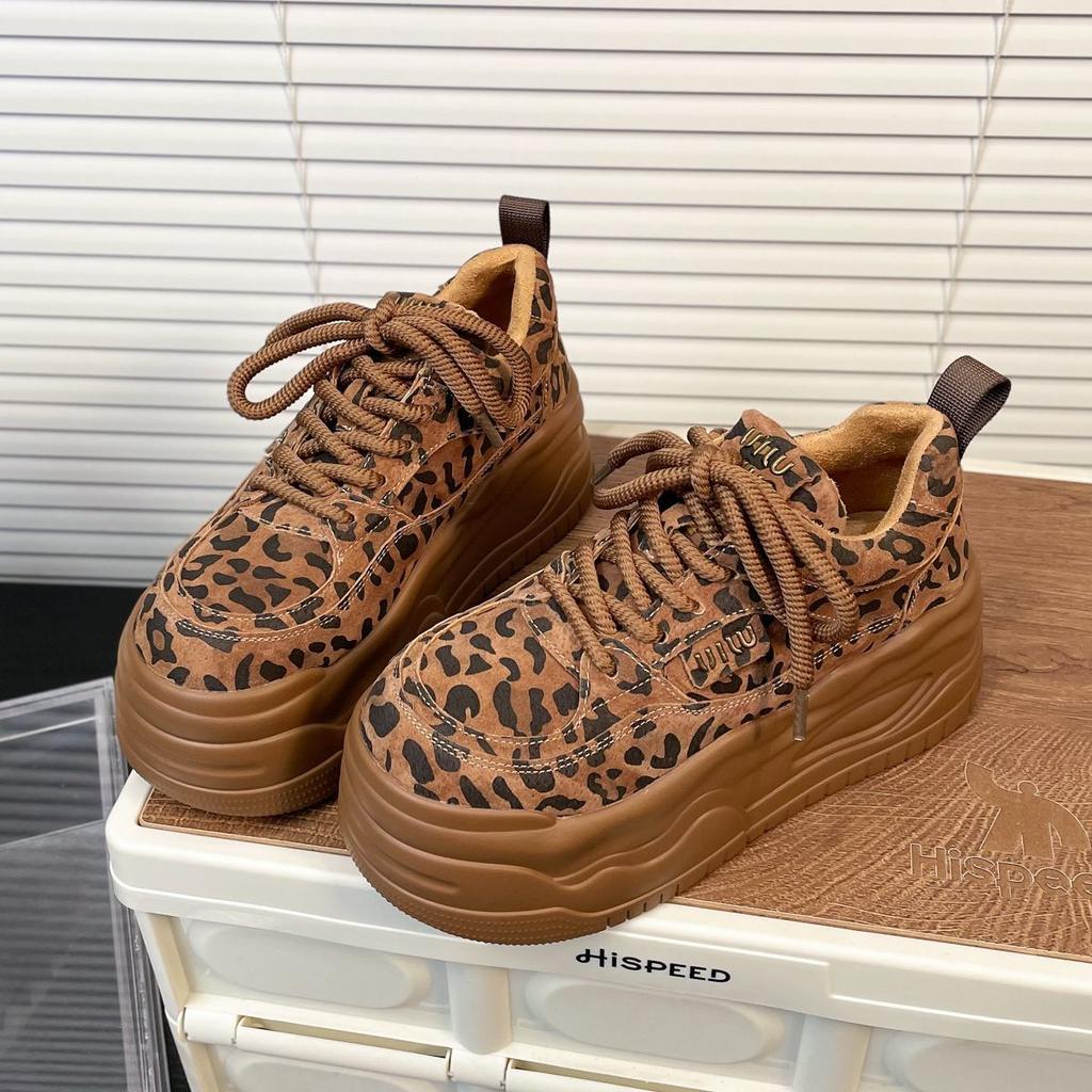 Soft Leather Muffin Thick-soled Leopard Print Board Shoes Heightening Shoes Women's Popular New Autumn Casual Biscuit Shoes