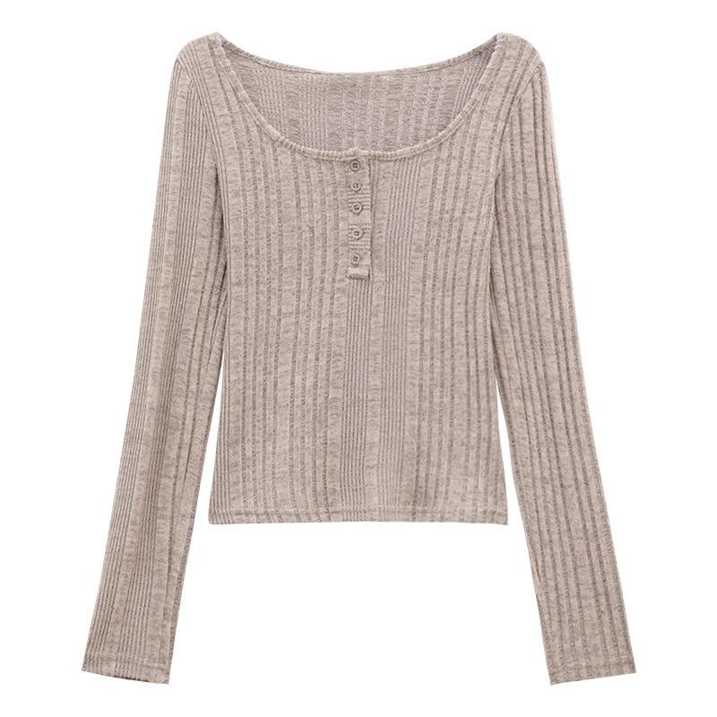 Spring Autumn Solid Color Slim All-match Bottomed T-shirt Women Long Sleeve Vintage Casual Top Pullover Tee