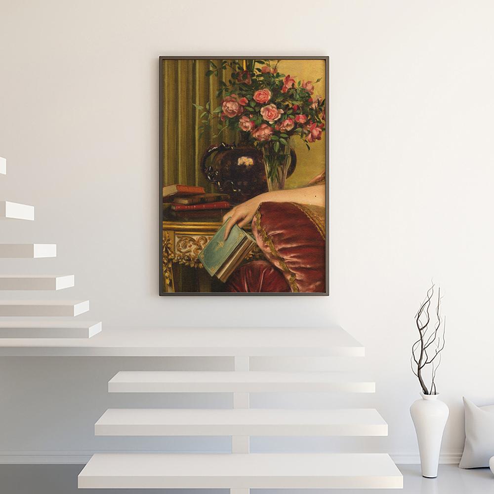Sitting On The Sofa Reading A Book Eclectic Wall Art Poster Vintage Rose Floral Baroque Oil Painting Picture Living Room Decor