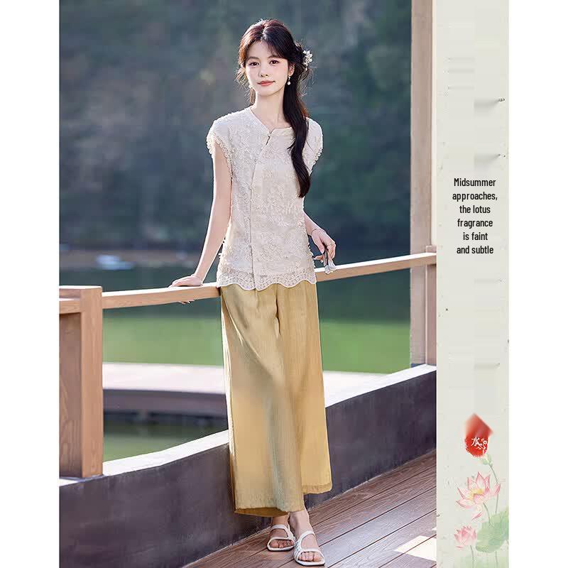Embroidered New Chinese Style Summer Outfit Set L