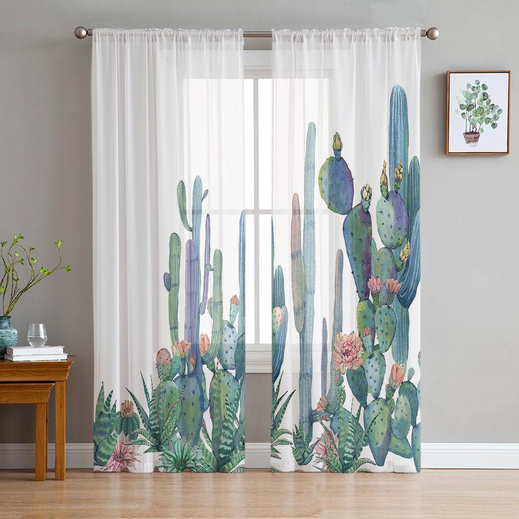 Succulent Cactus Modern Curtains For Living Room Transparent Tulle Curtains Window Sheer For The Bedroom Accessories Decor