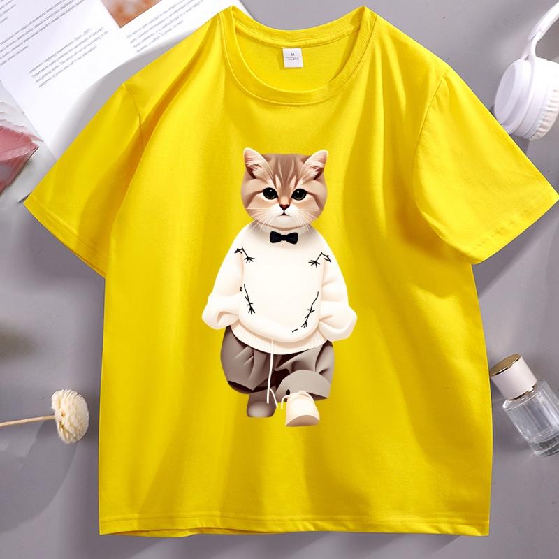 

Cool Cat Printed Cotton Short Sleeve Tshirt Streetwear Round Neck Short Sleeve Loose T Shirt Unisex Women Breathable Streetwear 4XL